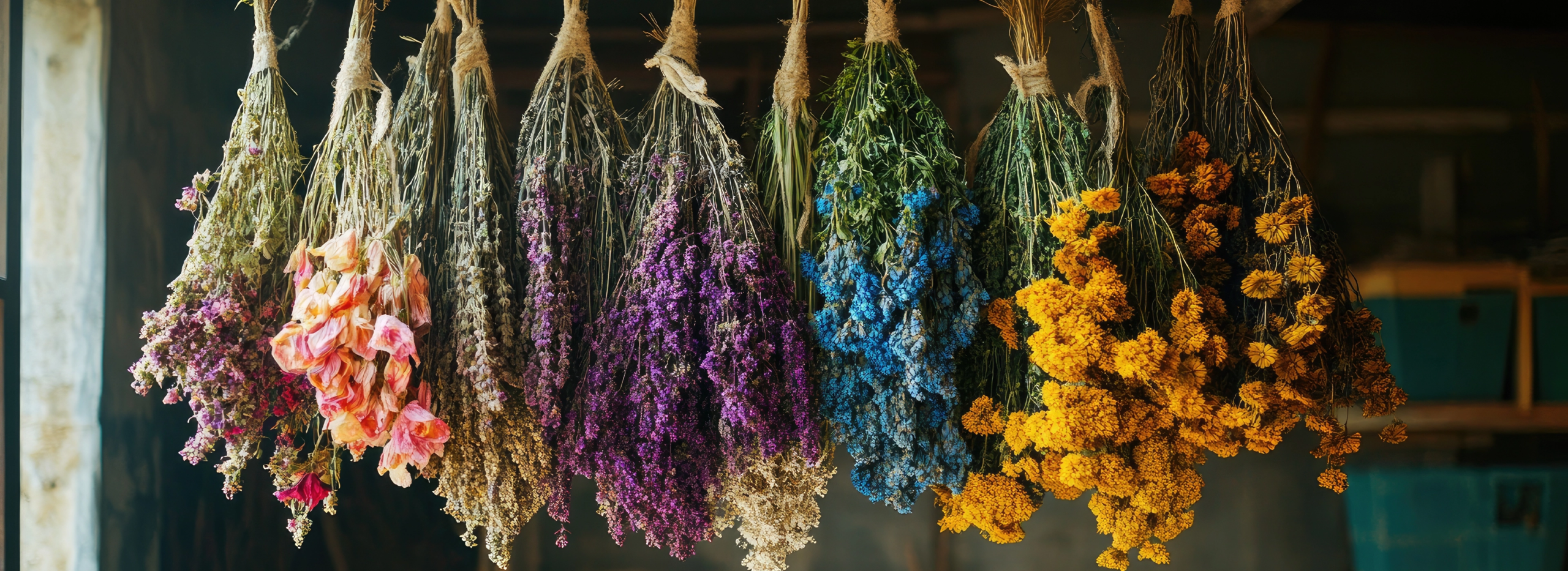 Droogbloemen in verschillende kleuren hangen te drogen