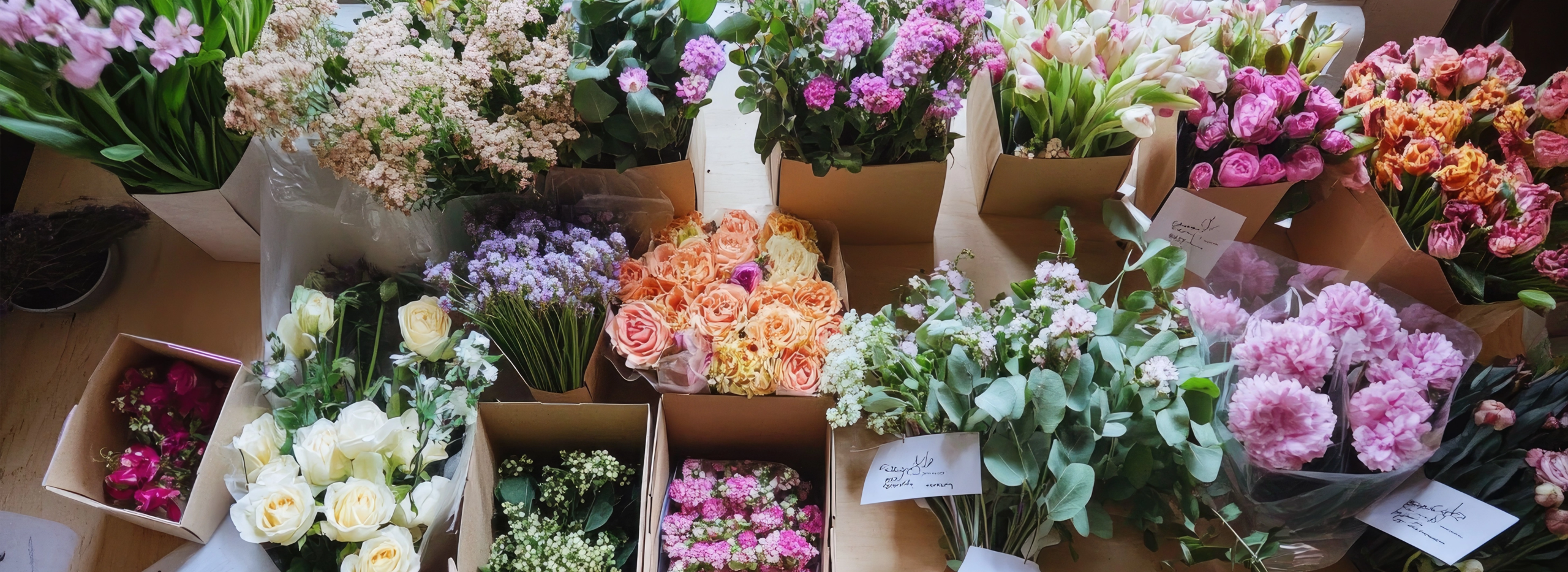 Variatie aan verschillende bloemen in emmers met water