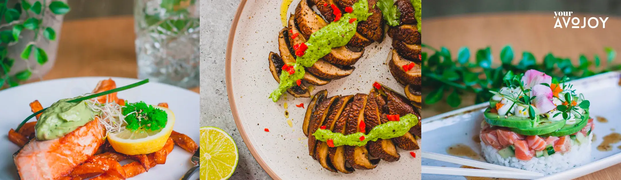 Drieluik van recepten of gerechten die je met een avocado abonnement kan maken