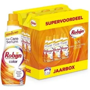 Fles robijn wasmiddel met een doos van robijn wasmiddel op de achtergrond