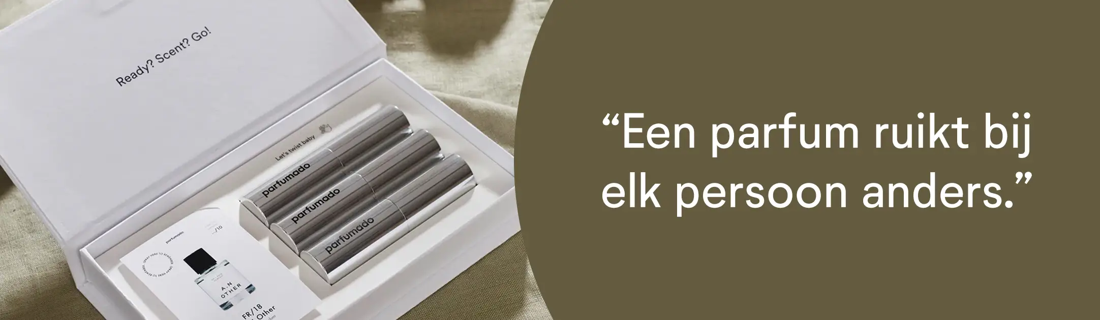 Parfumado parfum abonnement in doosje met citaat uit tekst 'Een parfum ruikt bij elk persoon anders'