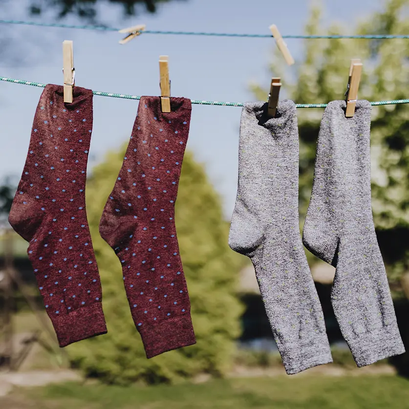 Twee paar gewassen sokken aan een waslijn in de zomer