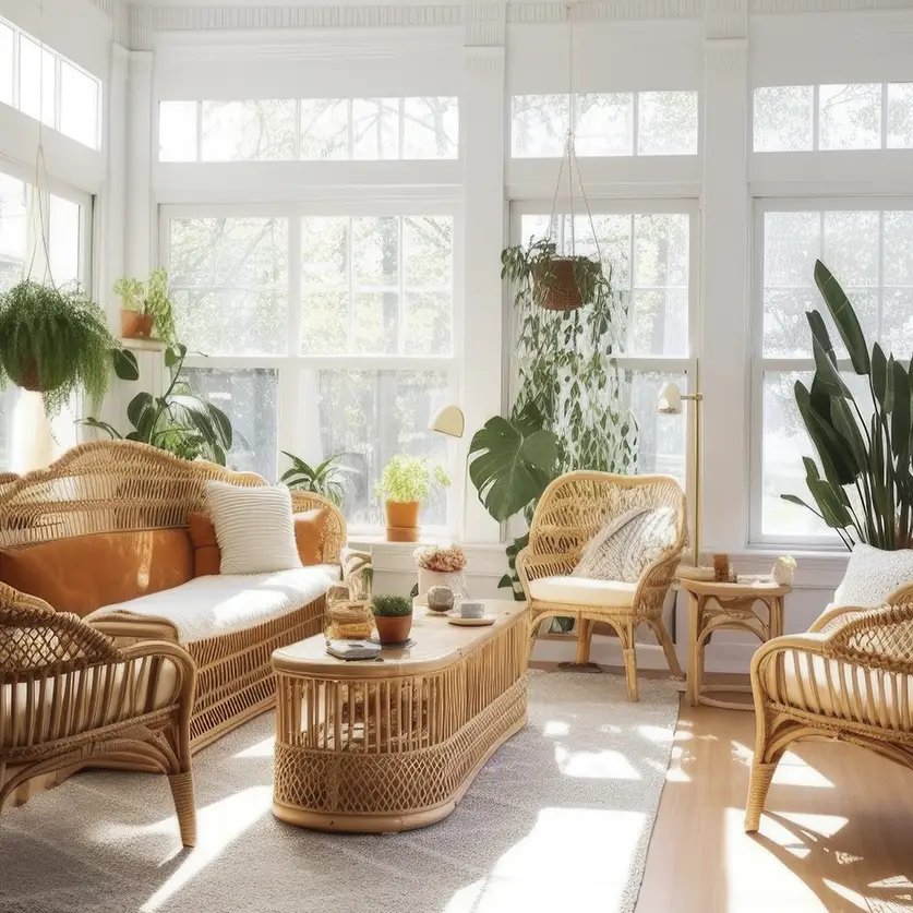 Door zonlicht verlichte moderne woonkamer met rotan stoel, tafel en bankje en kamerplanten voor in de zon