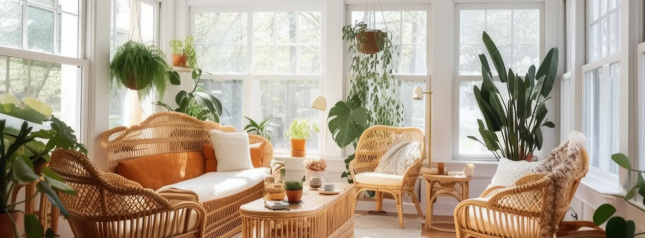 Door zonlicht verlichte moderne woonkamer met rotan stoel, tafel en bankje en kamerplanten voor in de zon