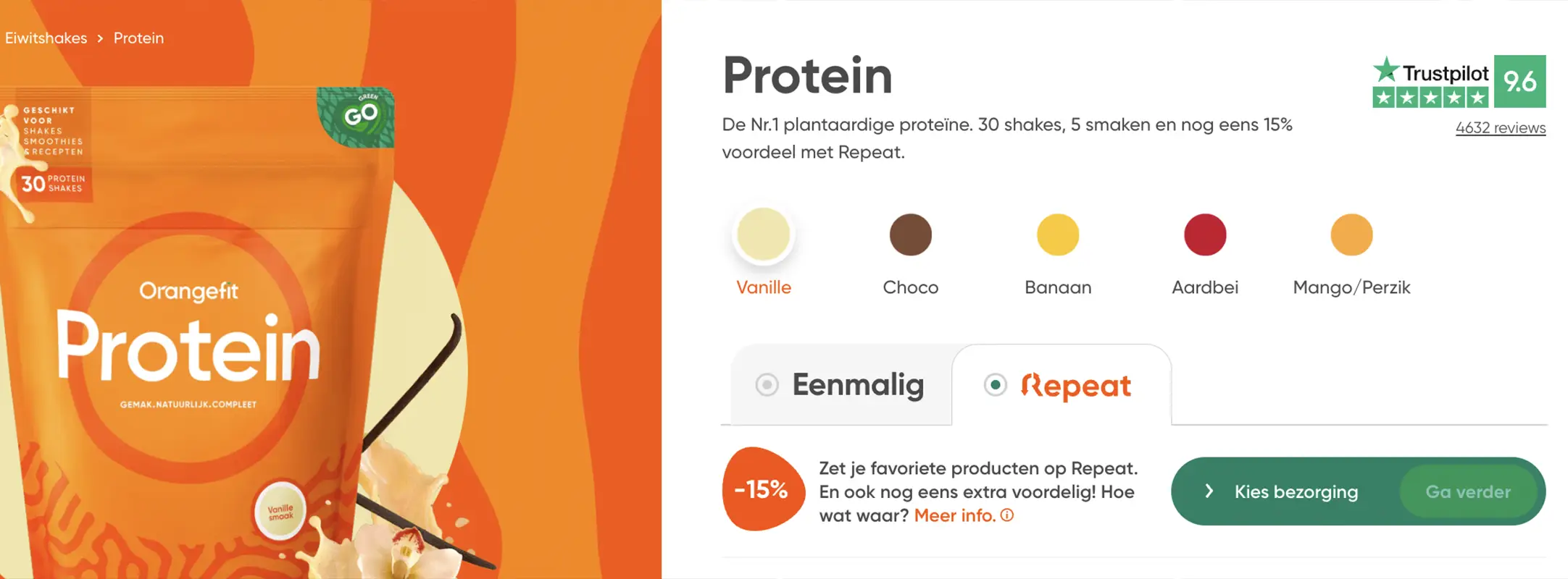 Orangefit schermafbeelding van de website met daarin de 'Repeat' optie voor terugkerende bestellingen.