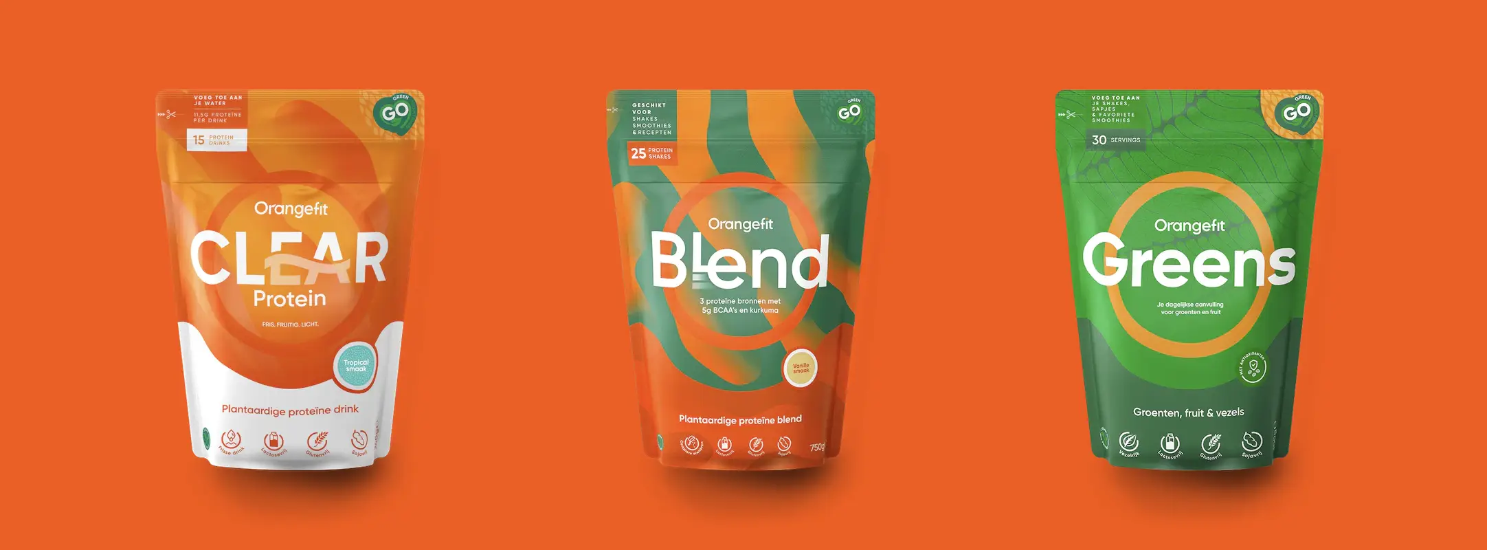 Orangefit plantaardige eiwitshakes, afvalshakes en groene shakes.