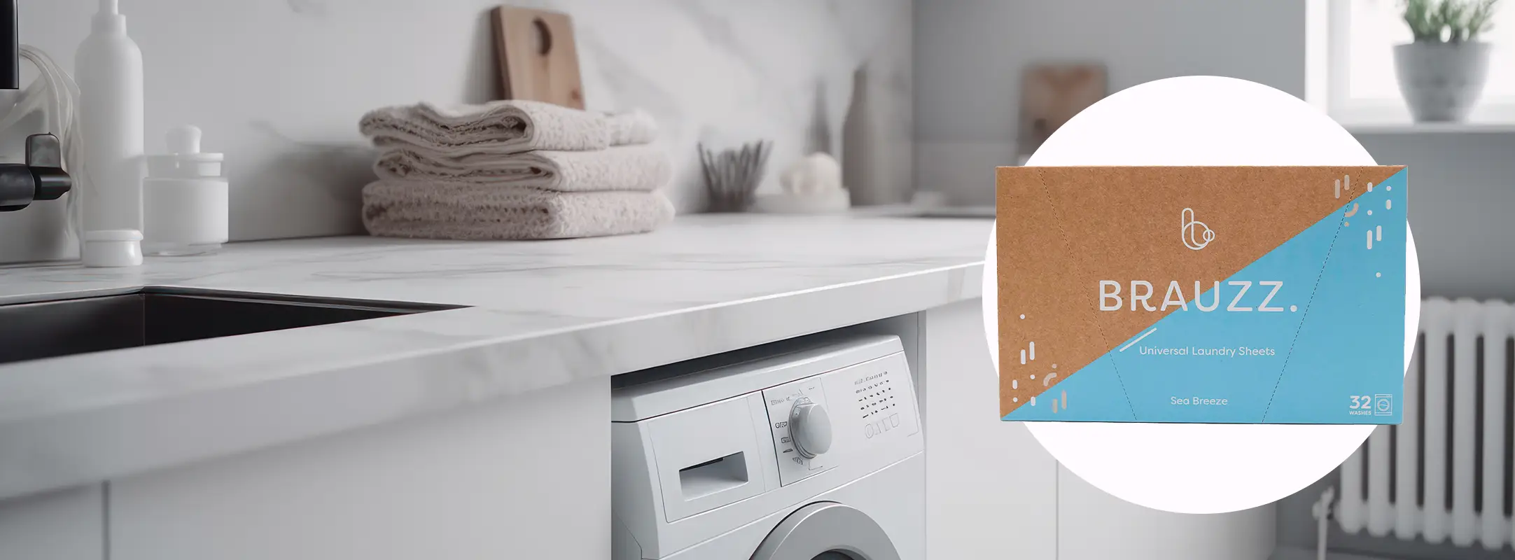 Brauzz abonnement met wasstrips product met wasmachine en schoonmaakmiddelen