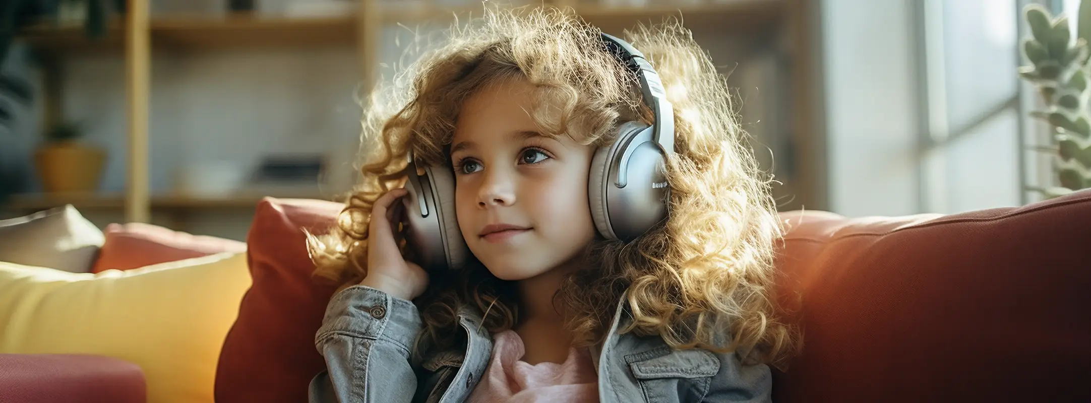 Kind met blonde krullen op de bank die aan het luisteren is naar luisterboeken via het Fluister abonnement