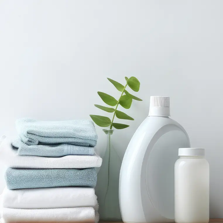 Wasmiddelen op een tafel met handdoeken en een plant.
