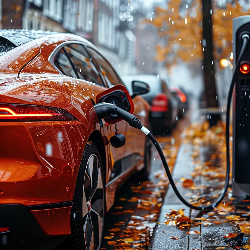 Nieuwe elektrische auto vanuit een flexibel auto abonnement die aan de laadpaal zit.