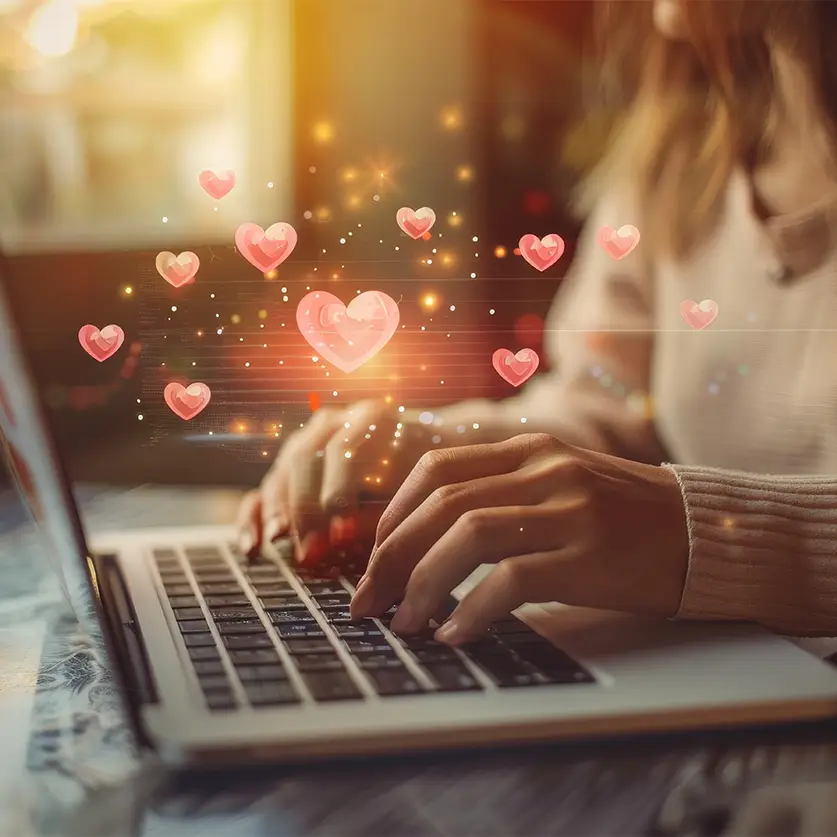 Hartjes die uit een laptop komen bij een vrouw die gepersonaliseerde product abonnementen afsluit.