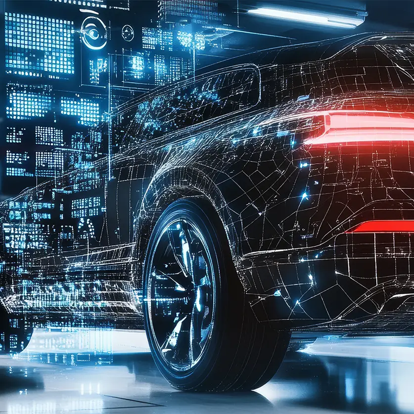 Moderne auto met een blauwdruk van de auto software